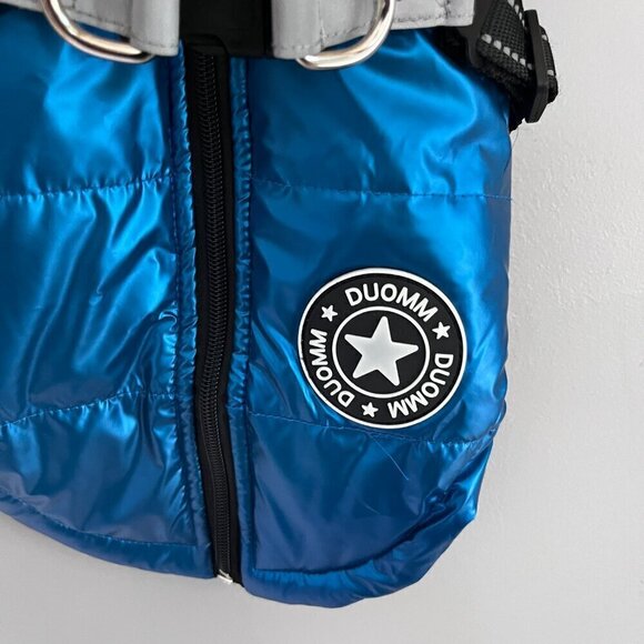 DUOMM Metallic Blue Green Dog Puffer Winter Jacket Size Medium Reflective - Picture 2 of 8